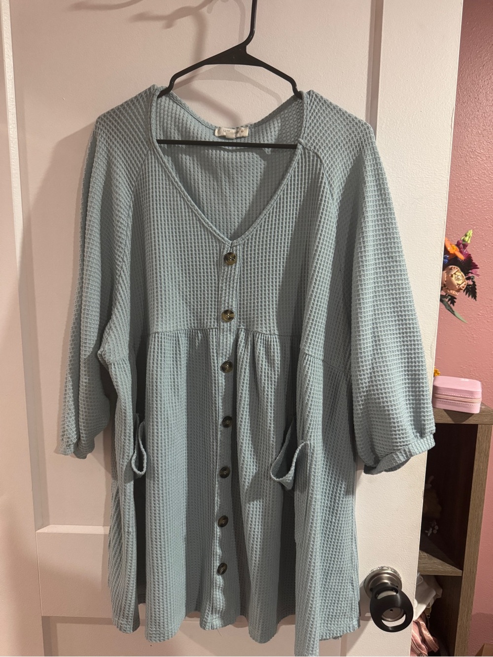 Umgee Light Blue Waffle-Knit Button-Front Women's Dress